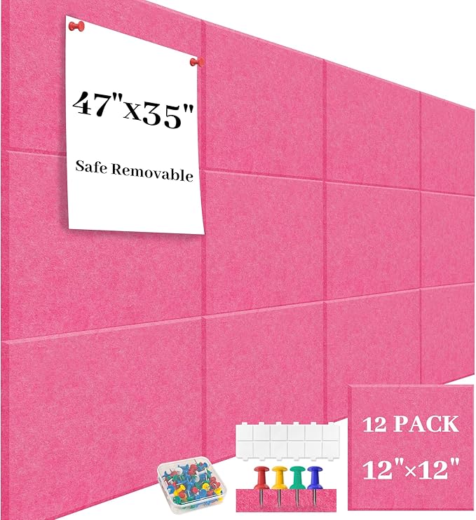 Felt Bulletin Board Felt Wall Tiles 12 Pack- 47"x35" Large Cork Board/Cork Tiles Alternative Safe Removable Felt Boards for Walls Felt Board for Office Felt Pin Board Pink