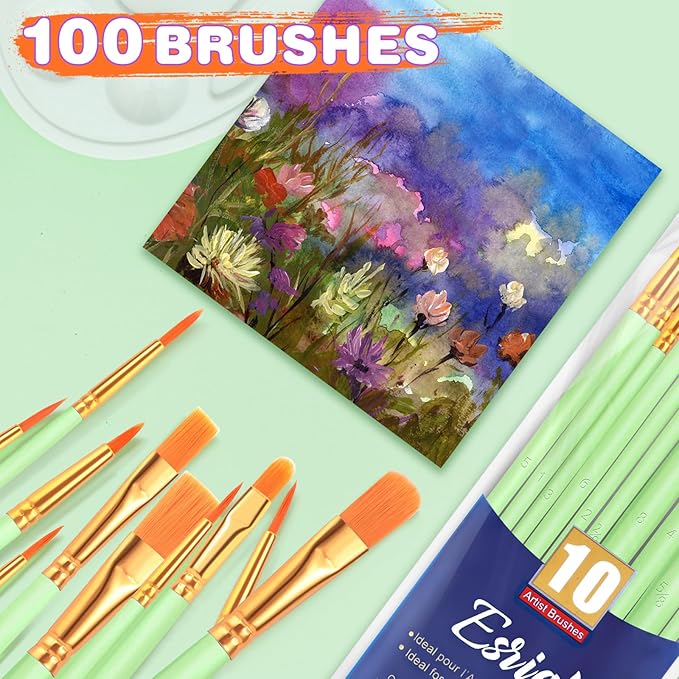 ESRICH Paint Brushes Set,10 Packs 100 Pcs Acrylic Paint Brush Set,St. Patrick's Party Acrylic Oil Watercolor, Face Nail Art, Miniature Detailing,Rock Painting,Painting Artist Professional Kits(Green)