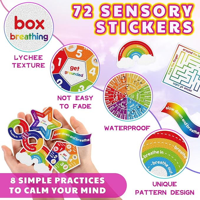 Libima 72 Pieces Anxiety Sensory Stickers Anxiety Textured Stickers Fidget Stickers Mindfulness Sticker School Counselor Supplies Adult Sensory Items Anxiety Relief, 9 Styles(Bright Color)