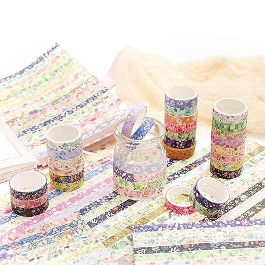 YUBBAEX Flowers Washi Tape Pack 50 Rolls Floral Printed Masking Tape Plants Decorative for Arts, DIY Crafts, Journal Supplies, Planners, Scrapbook, Card/Gift Wrapping