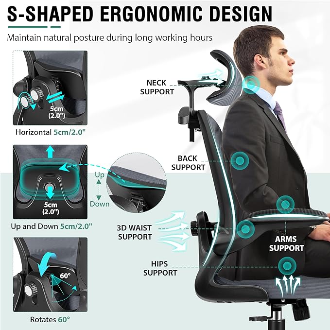 Office Chair, Ergonomic Office Chair with 3D Lumbar Support 3D Headrest, Comfy High Back Home Desk Chairs, Breathable Mesh Computer Chairs with Flip-Up Armrests & Hanger(Dark Gray)