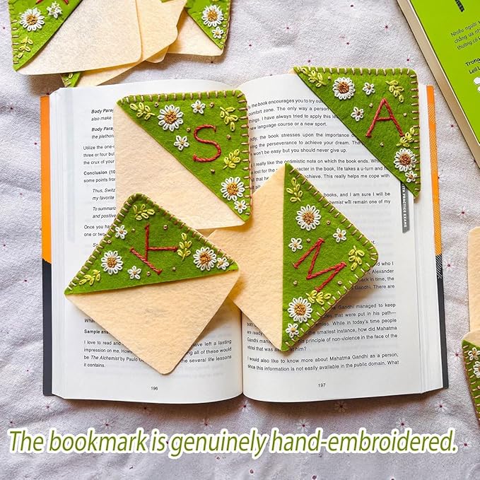 Personalized Hand Embroidered Corner Bookmark, Bookmarks for Women, Personalized Bookmark for Book Lovers, Cute Flower Book Mark by HNQCPCVU (Z, Green)