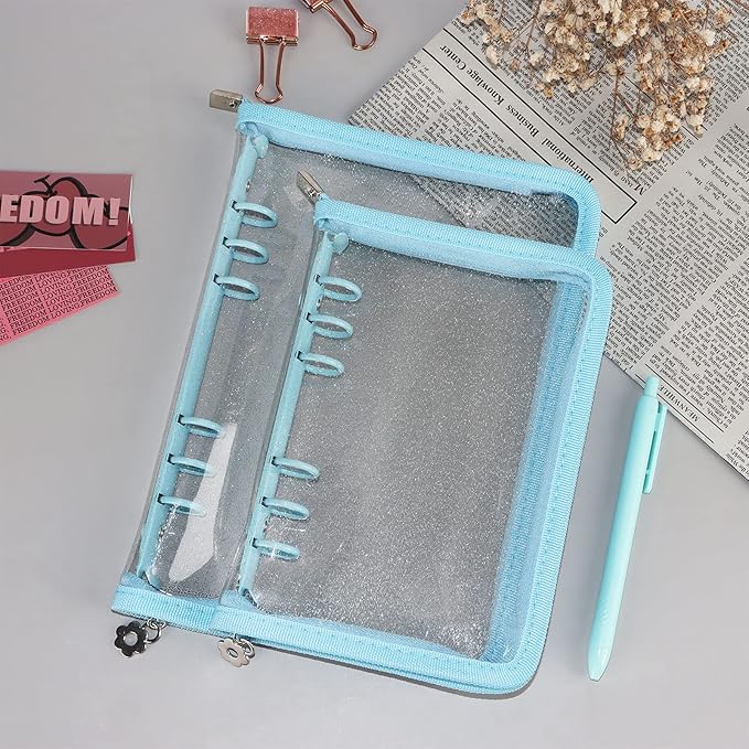 Multibey A5 Binder Cover Clear Soft PVC 6-Ring Binder Budget Evelopes System with Zipper Planner Organizer Refillable Notebook Journal Binder (Blue, A5)