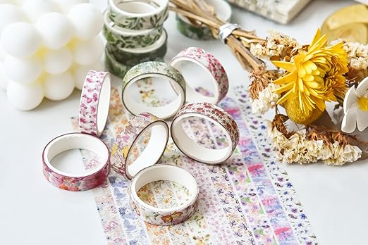 YUBX Flowers Washi Tape Set 30 Rolls Floral Patterns Decorative Skinny Slim Masking Tapes for Arts, DIY Crafts, Journals, Planners, Scrapbook, Wrapping (Blossoms Flourish)