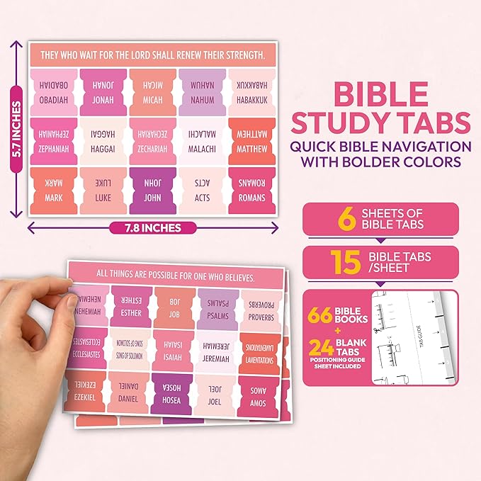 Pink Bible Tabs, 90 Large Print Bible Index Tabs for Study Bible, Laminated Easy-to-Read Label, Christian Gift for Women, Men, Kids