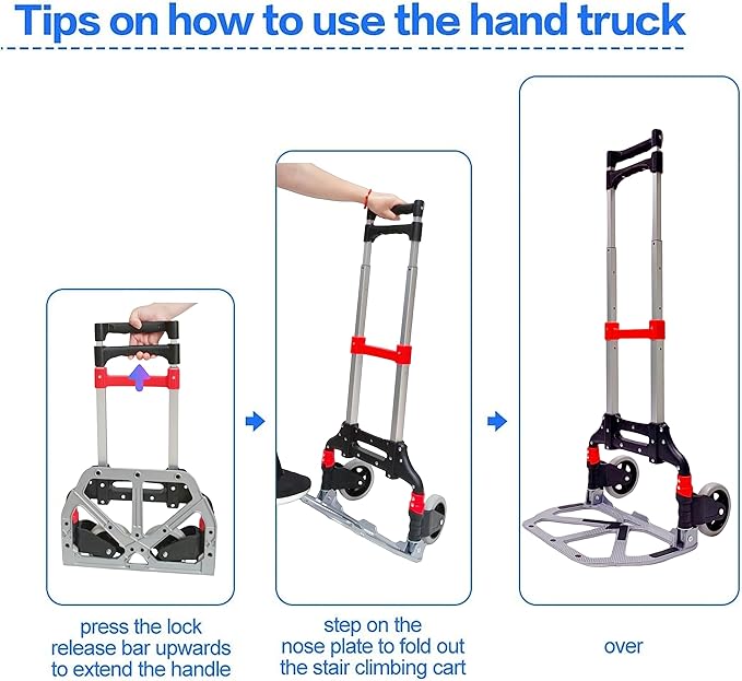 Folding Hand Truck with 2 Silent TPR Wheels, 165lbs Capacity Lightweight Portable Folding Dolly Multi-fuctional Foldable Hand Cart Heavy Duty Utility Cart for Home Office and Travel Use