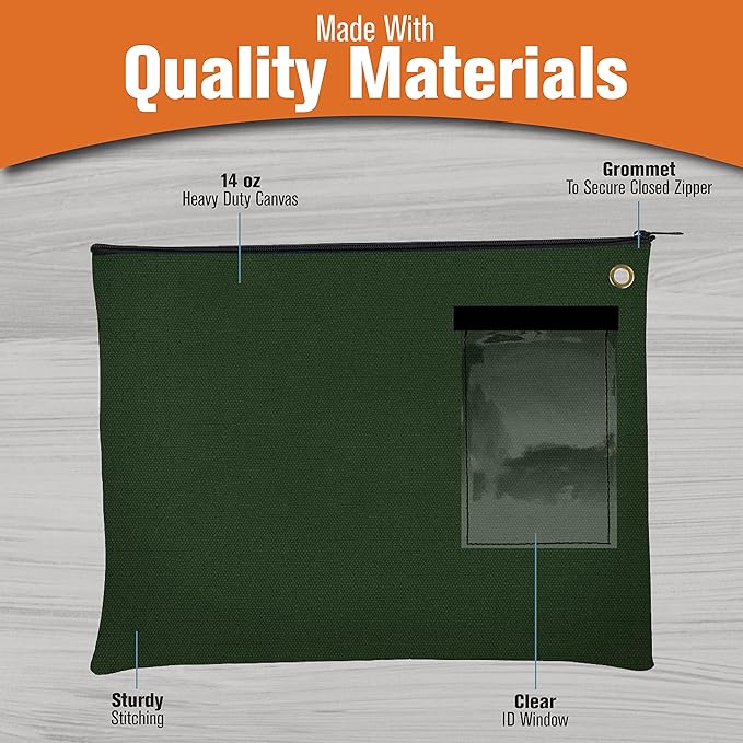 BankSupplies Canvas Interoffice Mailer, 14 oz. - 14W x 11H - Forest Green - Transit Bag - Large Zipper Bag with Grommet - Use with Padlock or Zip Tie for Security - Interoffice Mail Bag