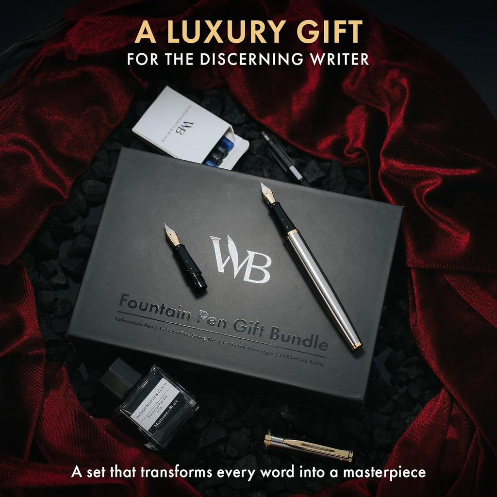 Wordsworth & Black Fountain Pen Set,18K Gilded Medium and Extra Fine Nib,25ML Black Ink Bottle,6 Ink Cartridges,Refill Converter,Gift Box,Smooth Writing Pens [Silver Gold],Gift Set for Men and Women