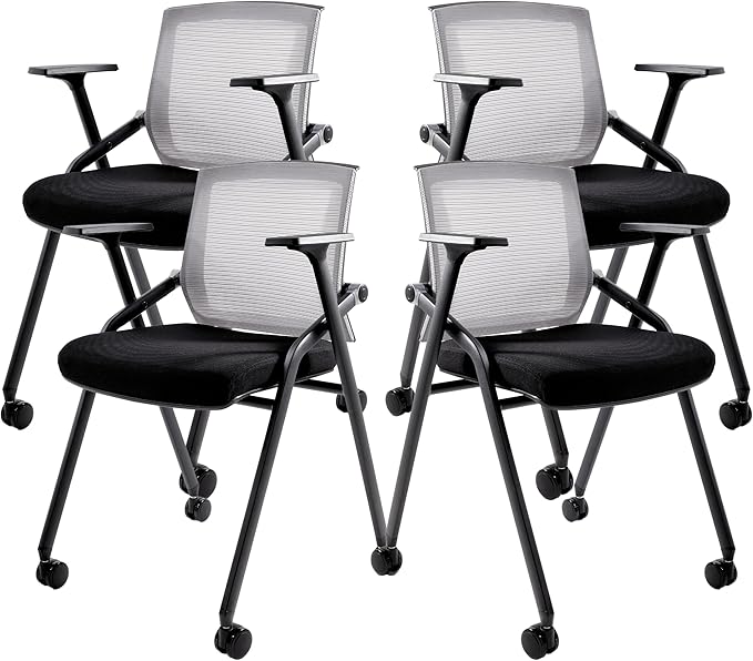 Conference Room Chairs, Folding Office Desk Chair with Lumbar Support and Sliding Armrest with Casters, Stackable Office Guest Chairs & Reception Chairs(4 Pack)