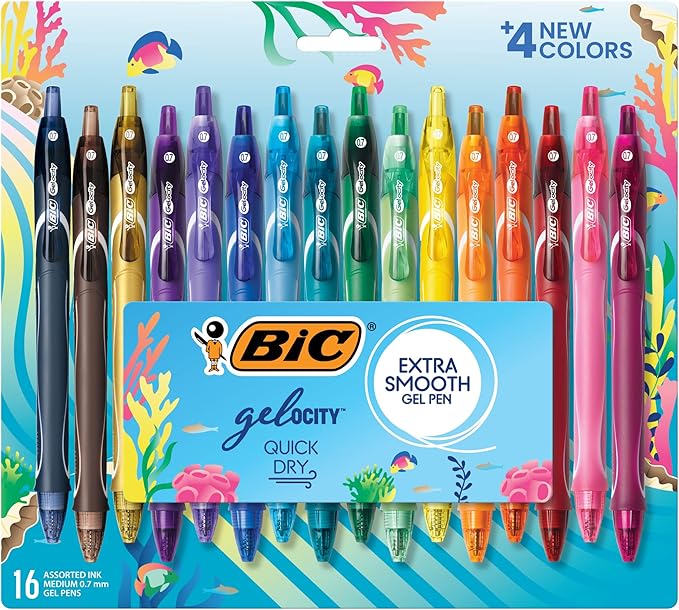 BIC Gelocity Quick Dry Ocean Themed Gel Pens, Medium Point (0.7mm), 16-Count Gel Pen Set, Colored Gel Pens for Note Taking and Journaling