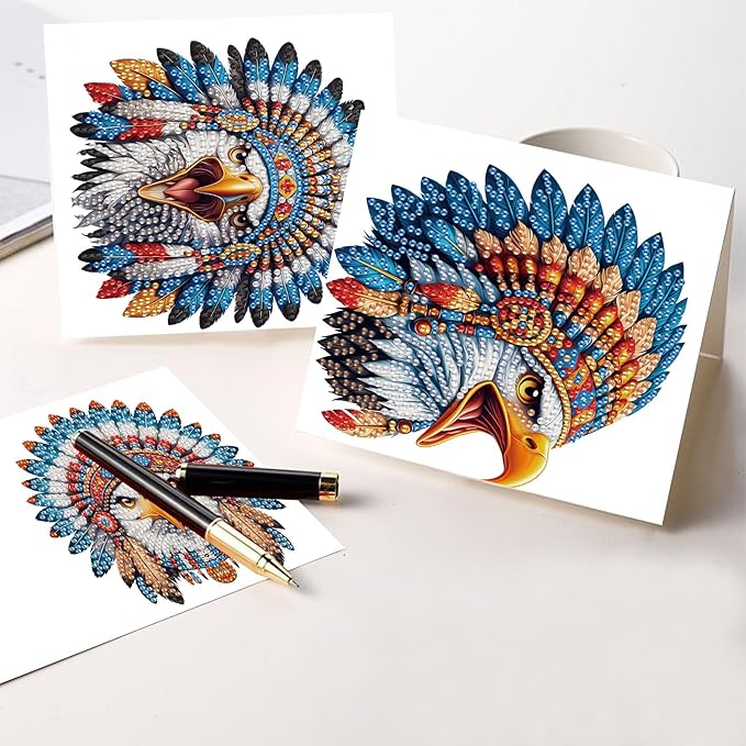 6pcs Diamond Art Painting Kit Greeting Card, Ethnic Rooster 5D DIY Diamond Handmade Holiday Glitter Greeting Card with Envelope, Holiday Gift Congratulation