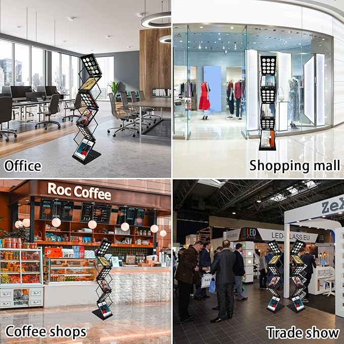 6 Pockets Foldable Magazine Rack, Pop up Brochure Display Stand, Catalog Literature Rack with Carrying Bag, Metal Magazine Display for Trade Show Office, A4 Size