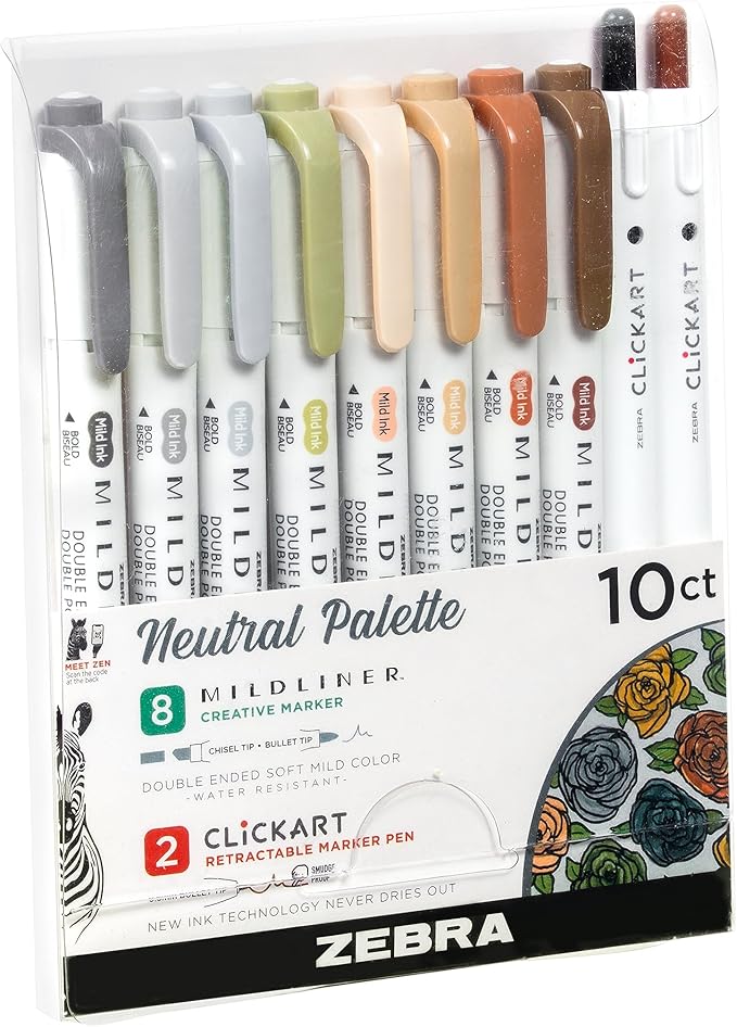 Zebra Pen Neutral Palette Set, Includes 8 Mildliner Highlighters and 2 ClickArt Markers, No Bleed Bible Assorted Neutral Vintage Ink Colors, 10-Pack, Model Number: 78601