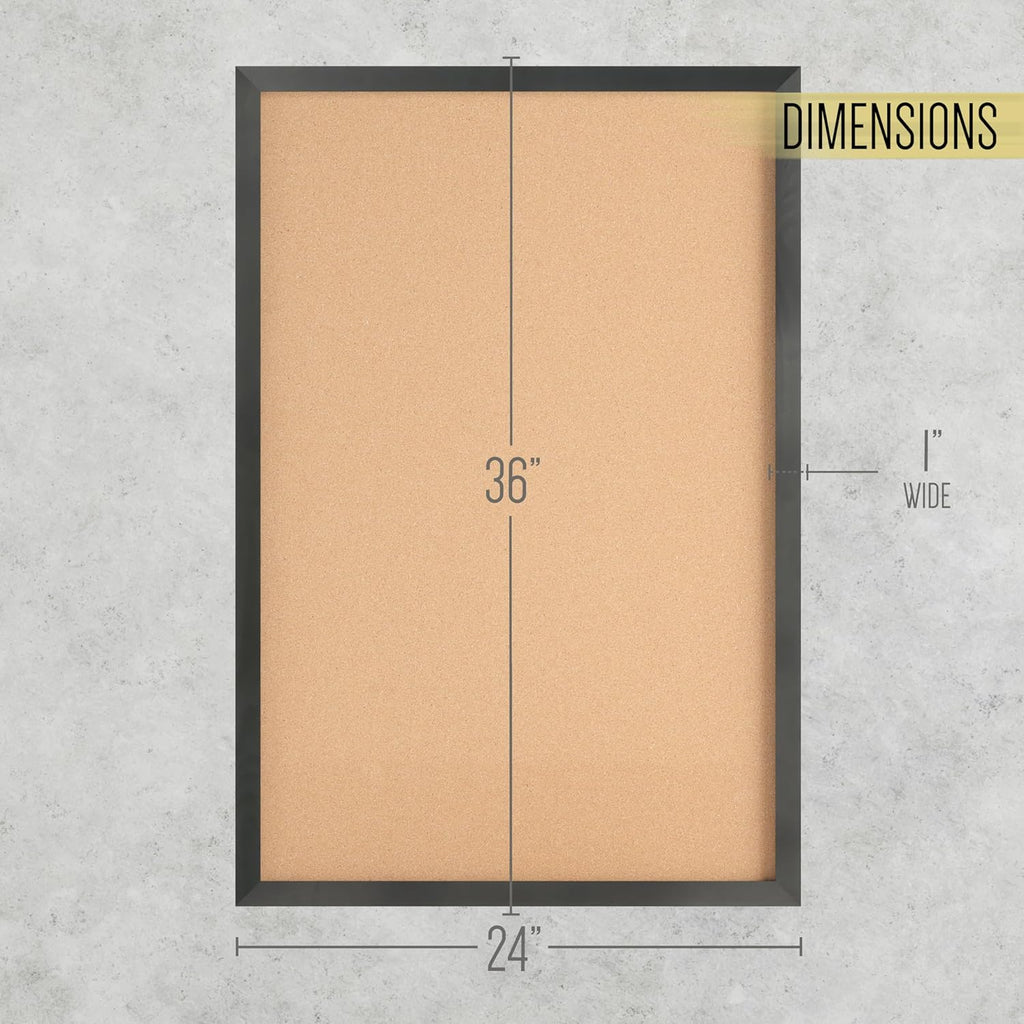 HBCY Creations Wall Mount Black Cork Board - 24" W x 36" H - 6 Wooden Push Pins - Solid Pine Wood Frame - for Kitchen, Classrooms, Restaurant Menus and More!