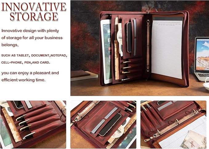 AZXCG Leather Portfolio Organizer, 3 Ring Binder Padfolio Folder, Resume Zippered Folio for A4/Letter Size Notepad, Business Binder Portfolio with Zipper for 13" Laptop, Gift for Women, Red