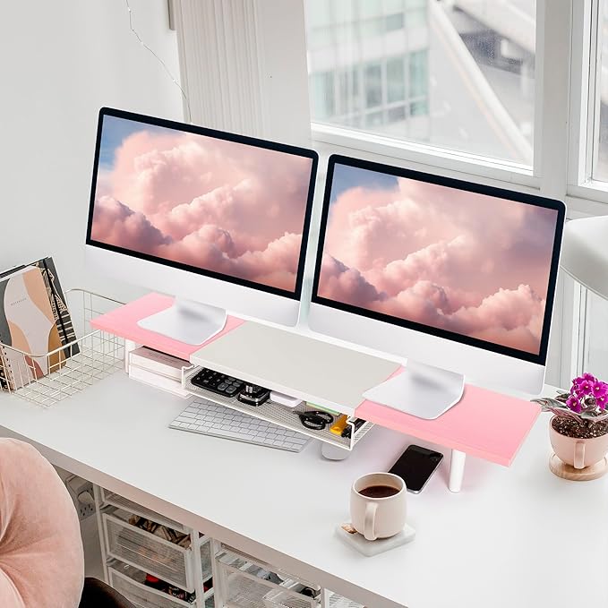 Dual-Computer-Monitor-Stand-Riser For Desk, Expandable Desk Shelf With Drawer For 2 Monitors, Desk Accessories & Workspace Organizers,TV Riser, Desktop Double Laptop Riser With Storage