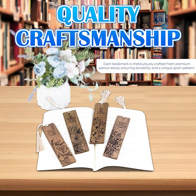 Flower Bookmark – Set of 4 Wooden Bookmarks with Tassels, Made from Walnut Wood,Funny Bookmark Gift for Men and Women, Novelty Gag Bookmark for Book Lovers,Christmas Stocking Stuffer