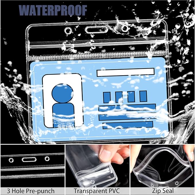 100Pcs Clear Plastic Horizontal Name Tags Badge ID Card Holders and 100Pcs Lanyards with Clip (Navy Blue)