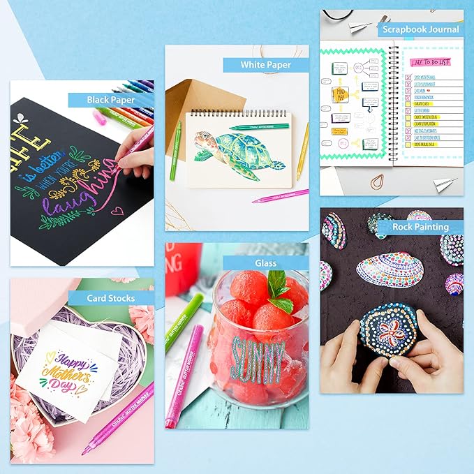 Ohuhu Glitter Markers Pen 12 Glitter Colors Metallic Shimmer Marker Fine Point Tip Water-based Ink for Kids Adults DIY Crafts Greeting Birthday Cards Making Poster Album Scrapbooking Mugs Wood