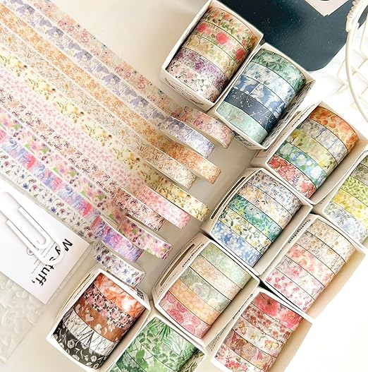YUBX Flowers Washi Tape Set 30 Rolls Floral Patterns Decorative Skinny Slim Masking Tapes for Arts, DIY Crafts, Journals, Planners, Scrapbook, Wrapping (Blossoms Flourish)