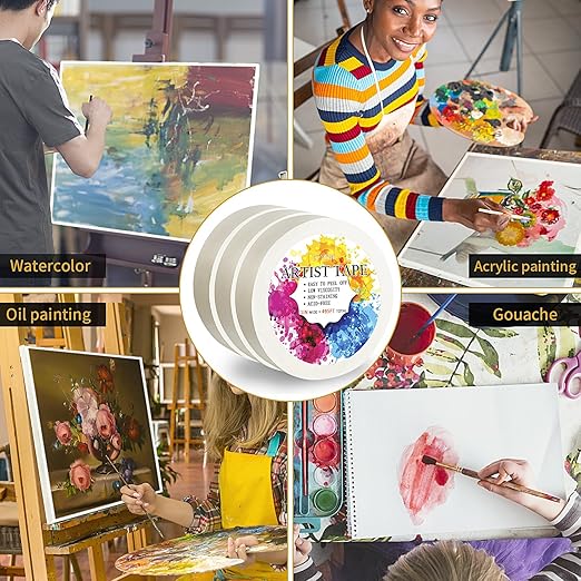 Artist Tape, 3 Packs White 1 inch for Watercolor Paper, Low Tack Masking Drafting Tape for Painting Canvas Framing, Acid-Free, 495 FT Long