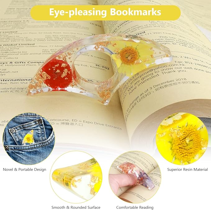 Prasacco 2 Pieces Book Page Holder, Dried Flower Resin Book Holders for Reading Thumb Ring Page Holder Flower Bookmark Reading Accessories for Readers Book Lovers Bookworm Bookmarks (2PCS Style 1)