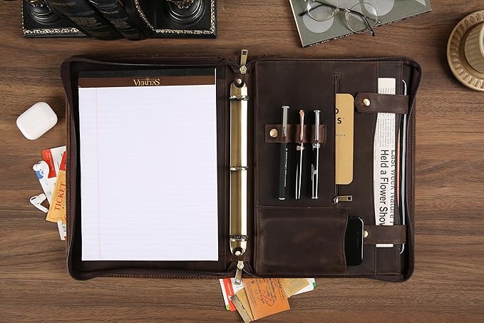 Portfolio Binder 3 Ring, Leather Binder Portfolio Folder for Left-Handed, Zippered Portfolio Padfolio Binder for Women, Leather Portfolio Organizer for Men (Dark Khaki, Custom)