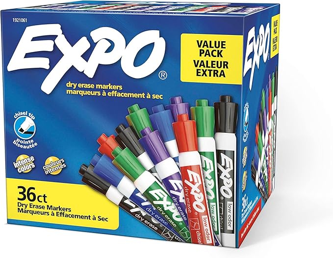 EXPO Low Odor Dry Erase Markers, Chisel Tip, Assorted Colors, Pack of 36 - Ideal for Classrooms, Offices & Home Offices