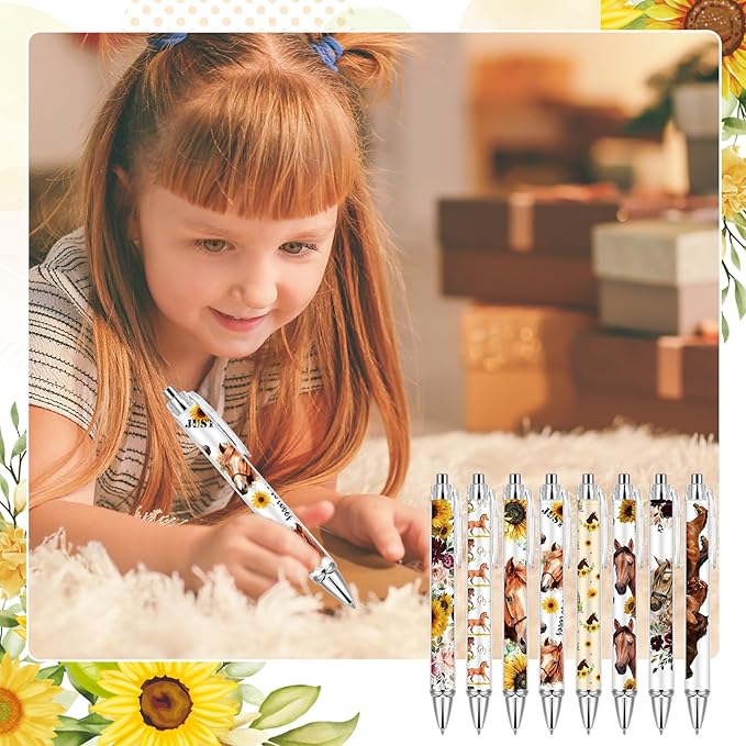 Ireer 8 Pcs Ballpoint Pens for Women 1.00 mm Cute Black Ink Fancy Pens Fine Point Smooth Writing for Journaling Aesthetic Office Supplies(Horse)