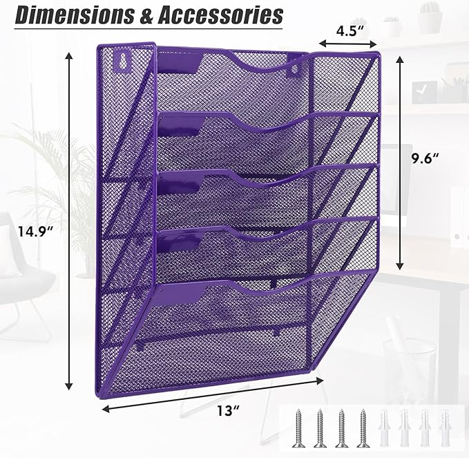EASEPRES 5 Pocket Mesh Hanging Wall File Organizer, Wall Mounted Mail Paper Document Folder Holder, Clipboard Storage Organization Magazine Rack with Nametag Label for Office Home School, Purple