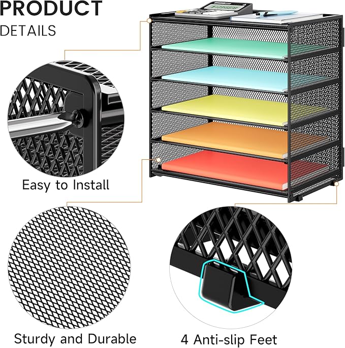 6 Tier Paper Organizer, Metal Mesh Desk File Organizer, Letter Tray Organizer, Paper Sorter Desk Organizer for Office, Home or School File Folder Holder - Black