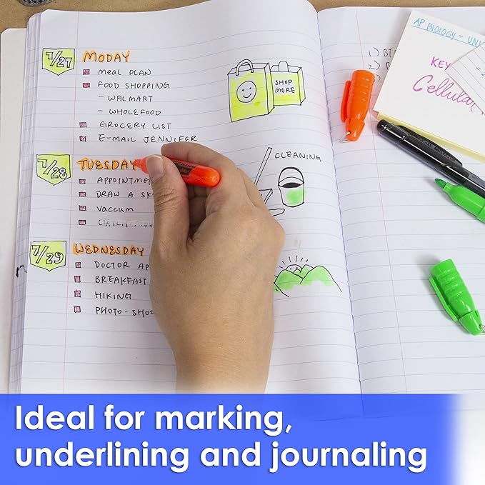 BAZIC Mini Highlighter Pen Chisel Tip Broad Fine Line Highlighters, Unscented Highlighting Coloring Marker (5/Pack), 144-Packs