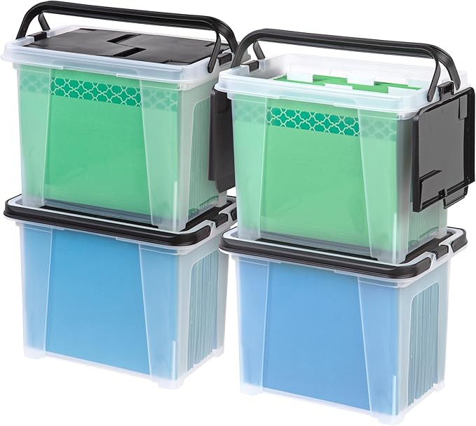 IRIS USA File Box File Organizer w/ Wing Lid for Letter/Legal File, Water Resistant Document Box, BPA-Free Plastic Storage Bin Organizer with Handles, Stackable, Nestable, Clear 18 Qt. 4Pack