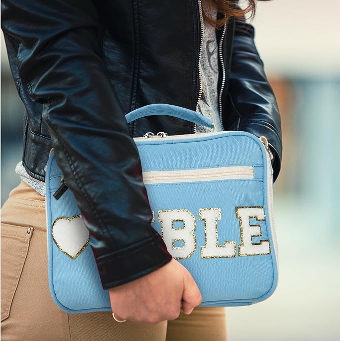 Silkfly Large Chenille Letter Bible Cover for Women Preppy Patch Bible Case Church Bible Bag with Handle(Blue)