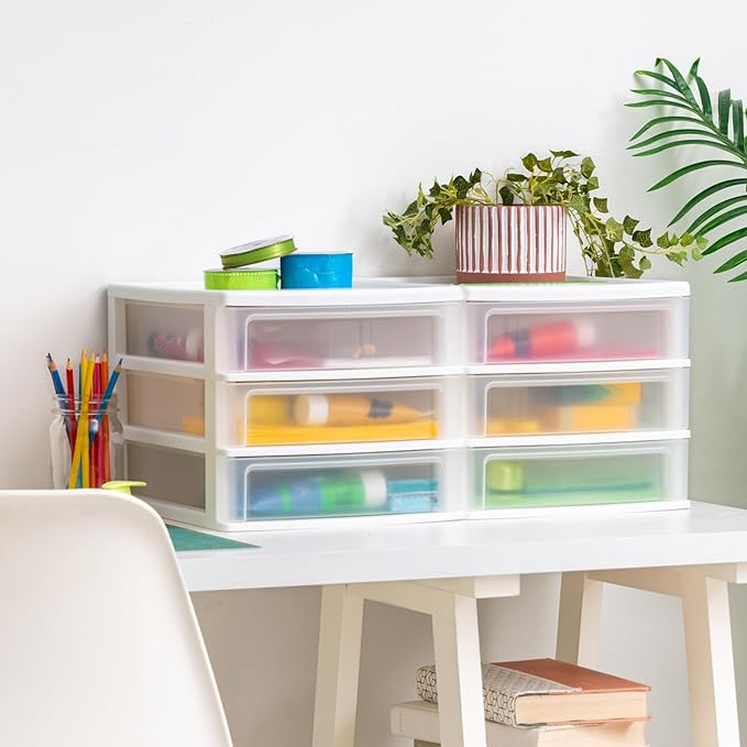 IRIS USA Plastic Stacking Desk Top 3-Drawer Storage Organizer, 1-Pack, for Makep Vanity Nail Polish Bathroom Stationery Art Craft Supplies Kitchen Office Garage and Small Organization, Medium, White