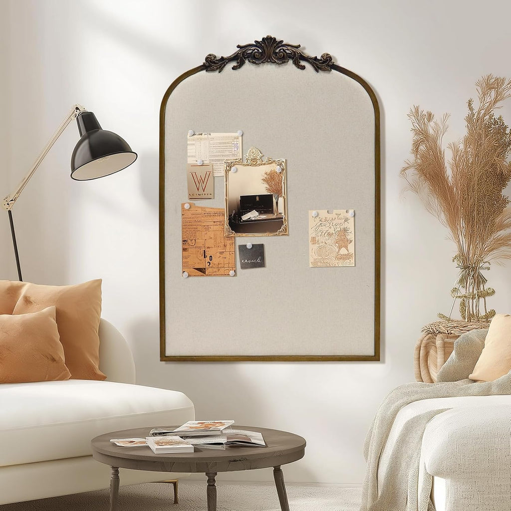 Arch Fabric Pinboard, Antique Gold Bulletin Boards 24"x36", Vintage Cork Board with Ornate Iron Frame for Wall Unique Display, Organization and Decor Options