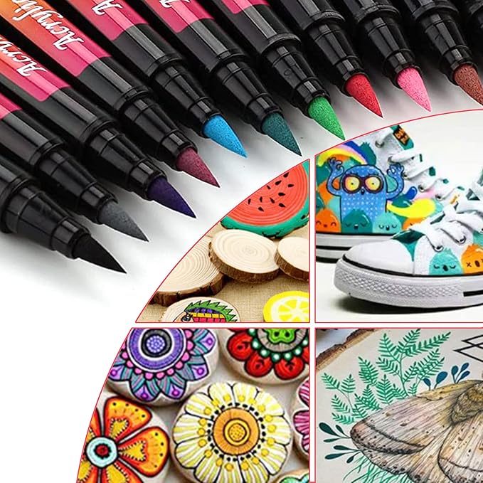 SMOOTHERPRO 24 Acrylic Paint Pens, Brush Tip (1-6mm) Acrylic Paint Markers, Fabric Markers for Textile, Canvas, Rock, Glass, Wood, Paper, Pumpkin, DIY