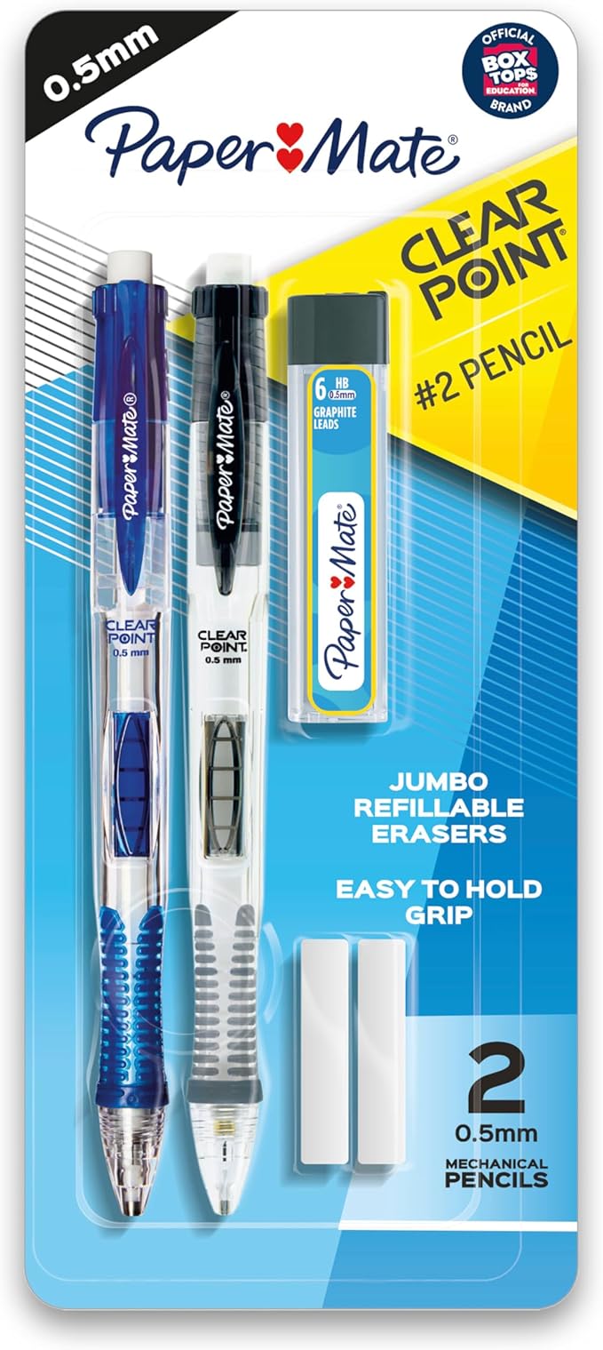 Paper Mate Clearpoint Mechanical Pencils 0.5mm, HB 2 Pencil Lead, School Supplies, Teacher Supplies, Drawing Pencils, Sketching Pencils, 1 Lead Refill Set, 2 Erasers, 2 Pencils