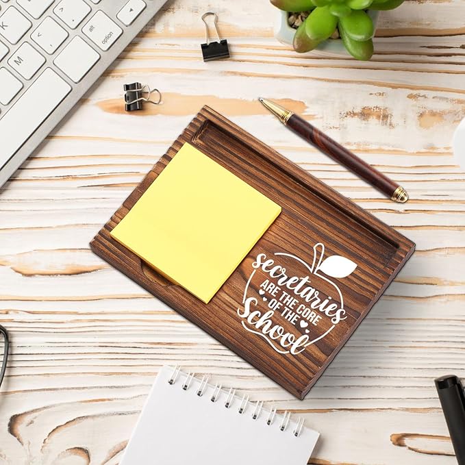 School Secretary Gifts Sticky Note Holder Wooden, Thank You Appreciation Gift for Secretary School Receptionist Assistant Front Office Crew, School Office Decor Desk Self-Stick Note Pad Holders TZP12