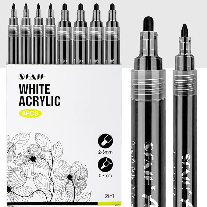 SFAIH Acrylic Black Paint Pens - 8 Pack 2-3MM Medium Tip & 0.7MM Extra Fine White Paint Marker for Rock Painting, Wood, Metal, Fabric, Plastic, Canvas, Glass, Ceramic, Diy Crafts