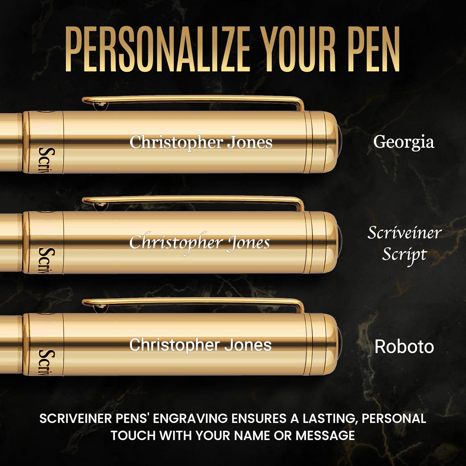 Scriveiner Personalized Gold Rollerball Pen - Stunning Luxury Pen, Real Gold Plating, Schmidt Ink Refill, Best Engraved Roller Ball Gift Set for Men & Women, Custom Name Engraving