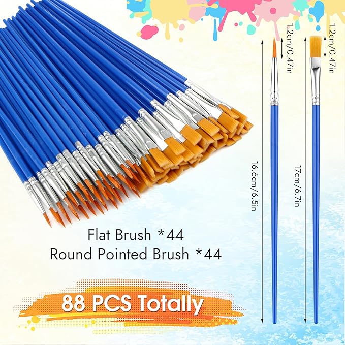 Small Paint Brushes Bulk, 88 pcs Nylon Hair Brushes, Flat Tip Round Acrylic Paint Brushes, Paint Brush Set, Artist Paintbrushes for Kids Adult Acrylic Oil Watercolor Canvas Face Nail Art Painting