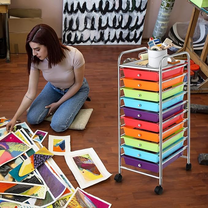 Storage Cart, Rolling Utility Cart with 10 Drawers, Portable Handles & Lockable Wheels, Mobile Paper Toys Storage Organizer Large Capacity for Home Office School Teacher (Multi-Color)