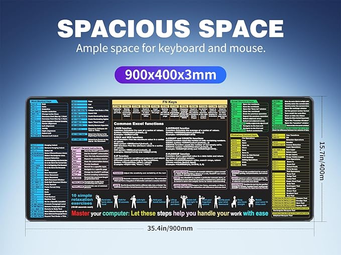 Waterproof mouse pad—Excel Cheat Sheet Desk pad—Contains Various commonly Use Office Software Such as Excel, Word, etc—Large XXL (35.45" x 15.75")|Office Keyboard and mouse pad|excel Shortcut mousepad