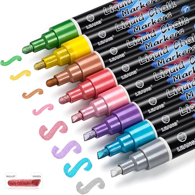 Metallic Chalk Markers Erasable for Chalkboard, Liquid Chalk Marker 8 Colors with 6mm Reversible Bullet & Chisel Tip, Dust Free Chalk Pens for Window, Blackboard, Whiteboard, Calendar, Mirror, Glass