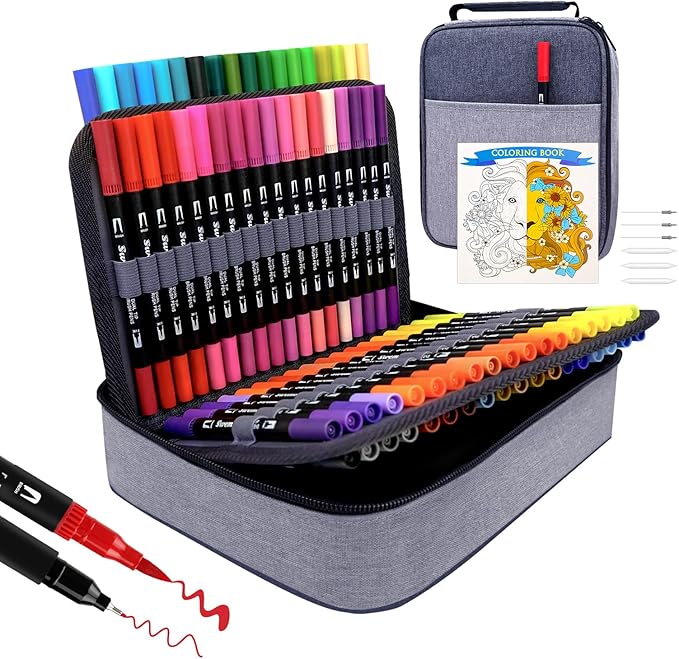 Markers for Adult Coloring Book, 72 Colors Art Markers Set Dual Tip Brush Pen, Coloring Markers Fine Point Artist Drawing Paintings Diaries Journaling Art projects Art Supplies with Case