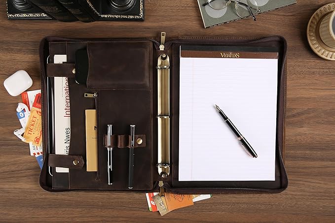 Portfolio Binder 3 Ring, Leather Binder Portfolio Folder for Left-Handed, Zippered Portfolio Padfolio Binder for Women, Leather Portfolio Organizer for Men (Dark Khaki, Custom)