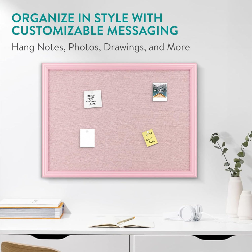 Navaris Framed Linen Bulletin Board - Approx. 58x43cm Fabric Jewelry Organizer Pinboard for Wall Memory Memo Pin Board - Pink Linen with Pink Frame