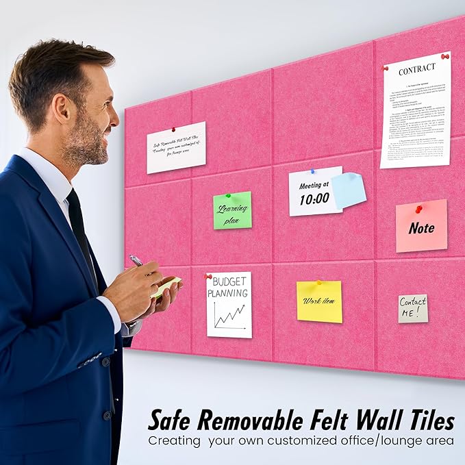 Felt Bulletin Board Felt Wall Tiles 12 Pack- 47"x35" Large Cork Board/Cork Tiles Alternative Safe Removable Felt Boards for Walls Felt Board for Office Felt Pin Board Pink