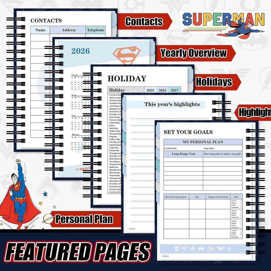 Hero Academic Planner, Weekly Monthly Daily Agenda, Custom Date Organizer for Time Management, Spiral Bound Notebook with Colorful Tabs,Datebooks for School Office Home(Navy Red)